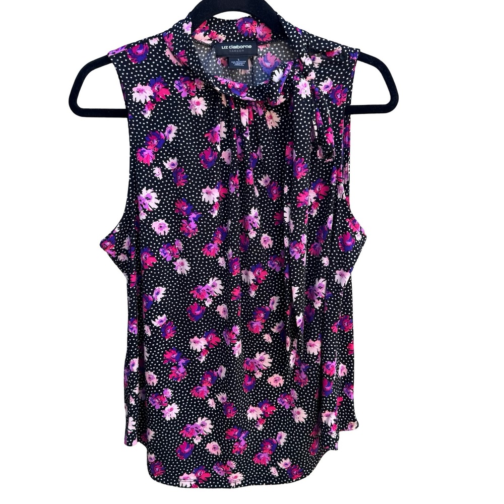 Liz Claiborne Career Floral Polka Dot Feminine Tie Neck Sleeveless Blouse L